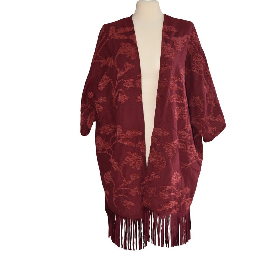 Chico’s Red Fringe Kimono Jacket L/XL Boho Western Floral Drape Open Front